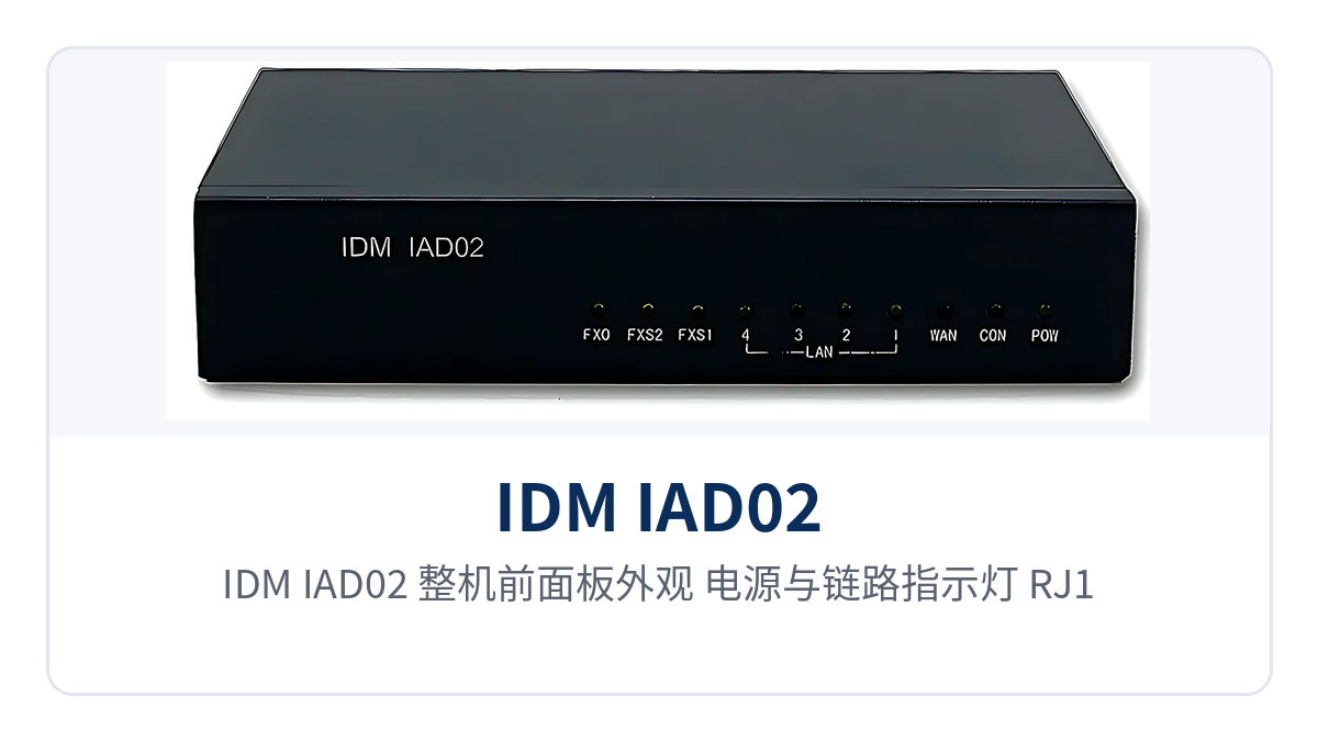 Figure 1: IDM IAD02 front panel appearance Close-up of power and link indicators, RJ11 phone ports, and network port layout