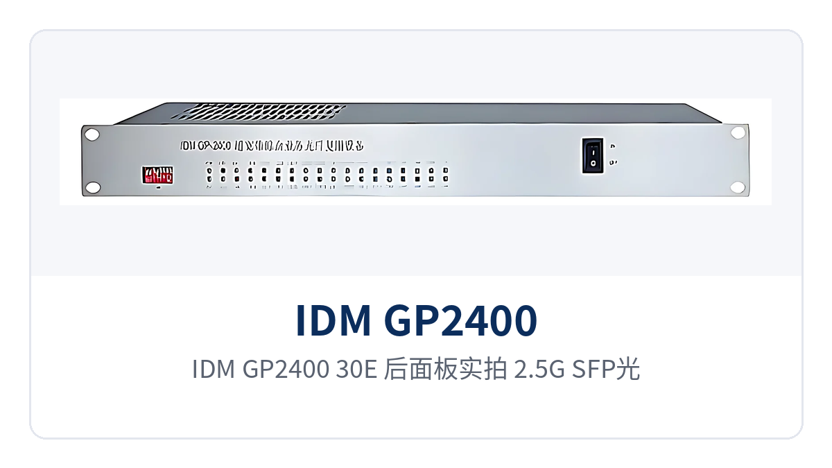 Figure 2: Rear panel photo of the IDM GP2400-30E, layout of 2.5G SFP optical ports, 4 groups of isolated Fast Ethernet ports, and dual power supply terminals