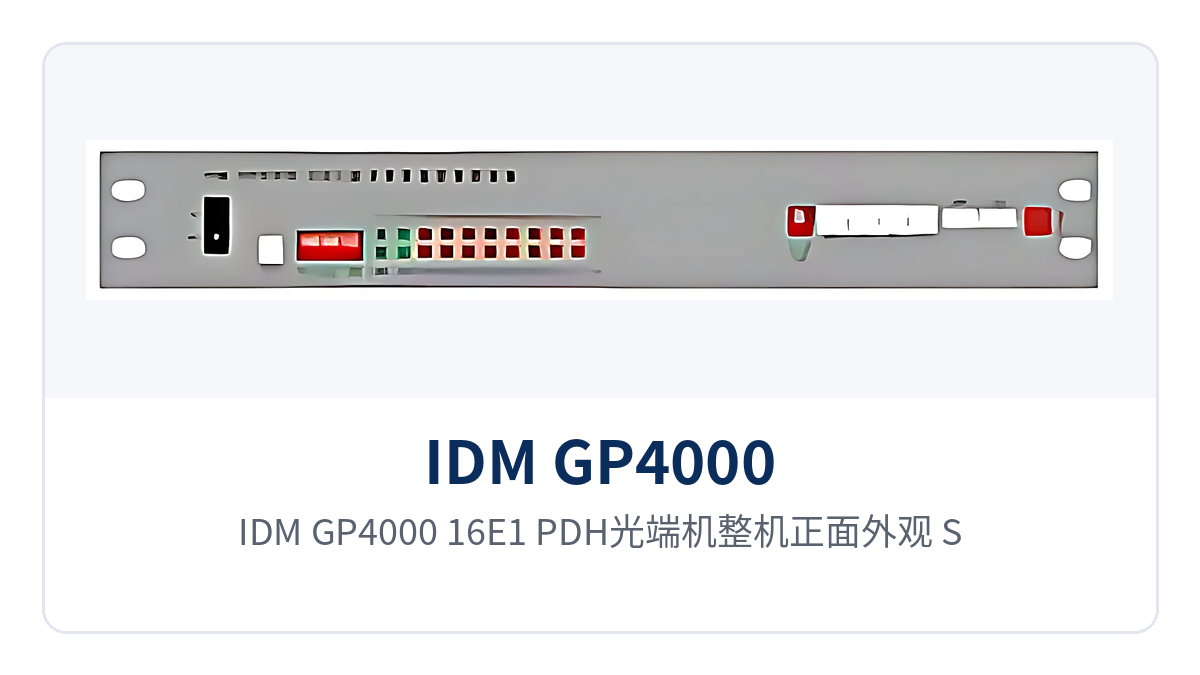 图1:IDM GP4000-16E1 PDH光端机整机正面外观,SFP光口、面板指示灯与双电源单元布局