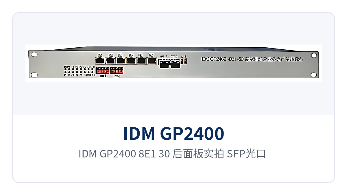 图2:IDM GP2400-8E1-30 后面板实拍,SFP光口、E1同轴接口、隔离以太网口与双电源端子布局