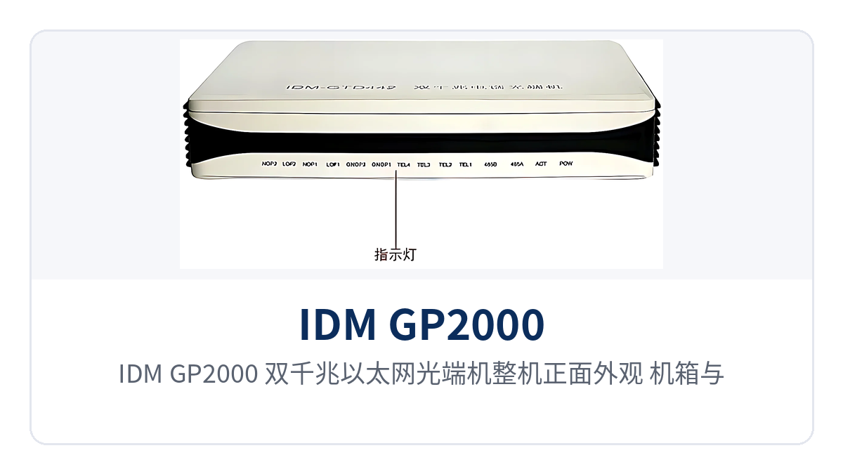 图1：IDM GP2000 双千兆以太网光端机整机正面外观，机箱与面板指示灯