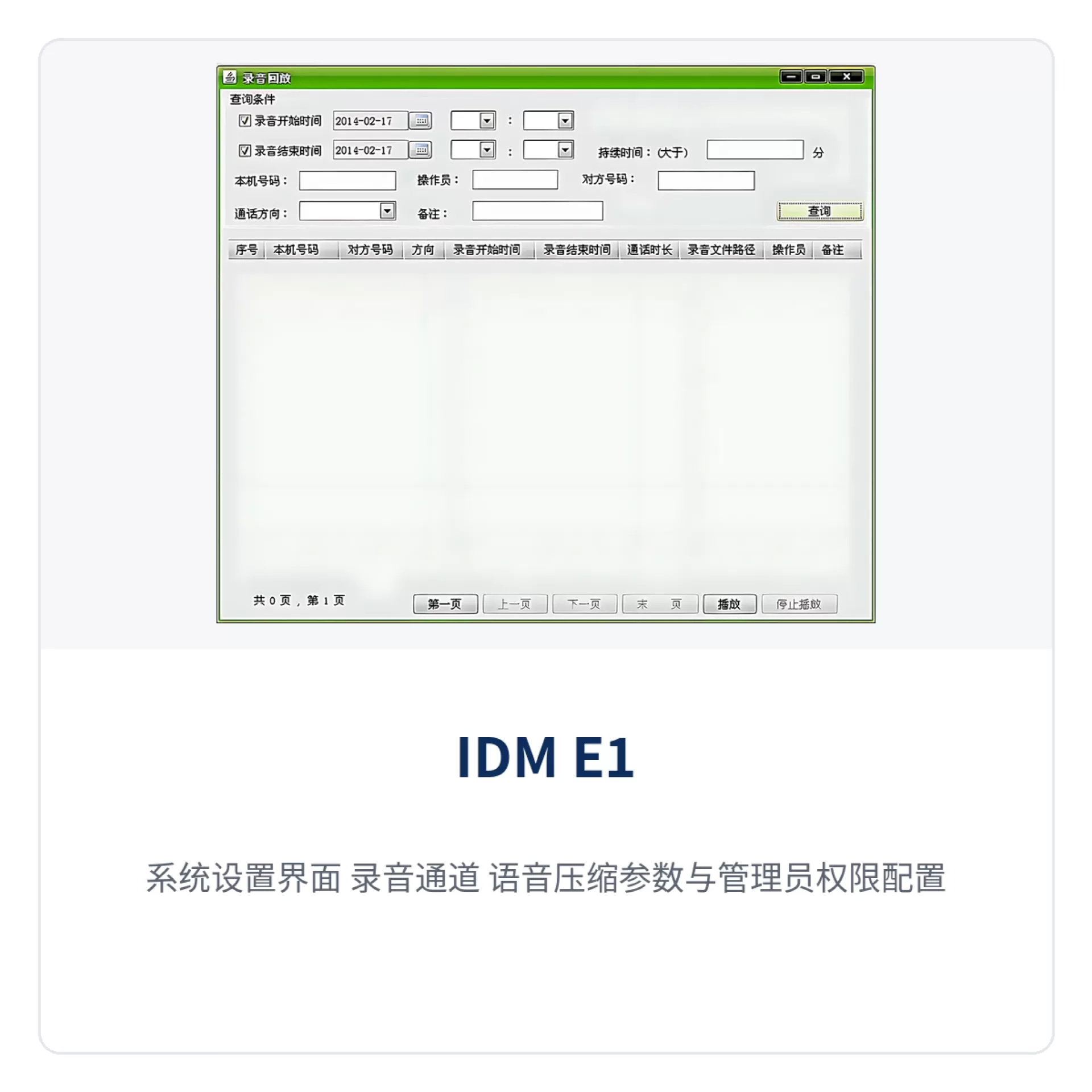 Figure 5: System settings interface, recording channels, voice compression parameters, and administrator permission configuration
