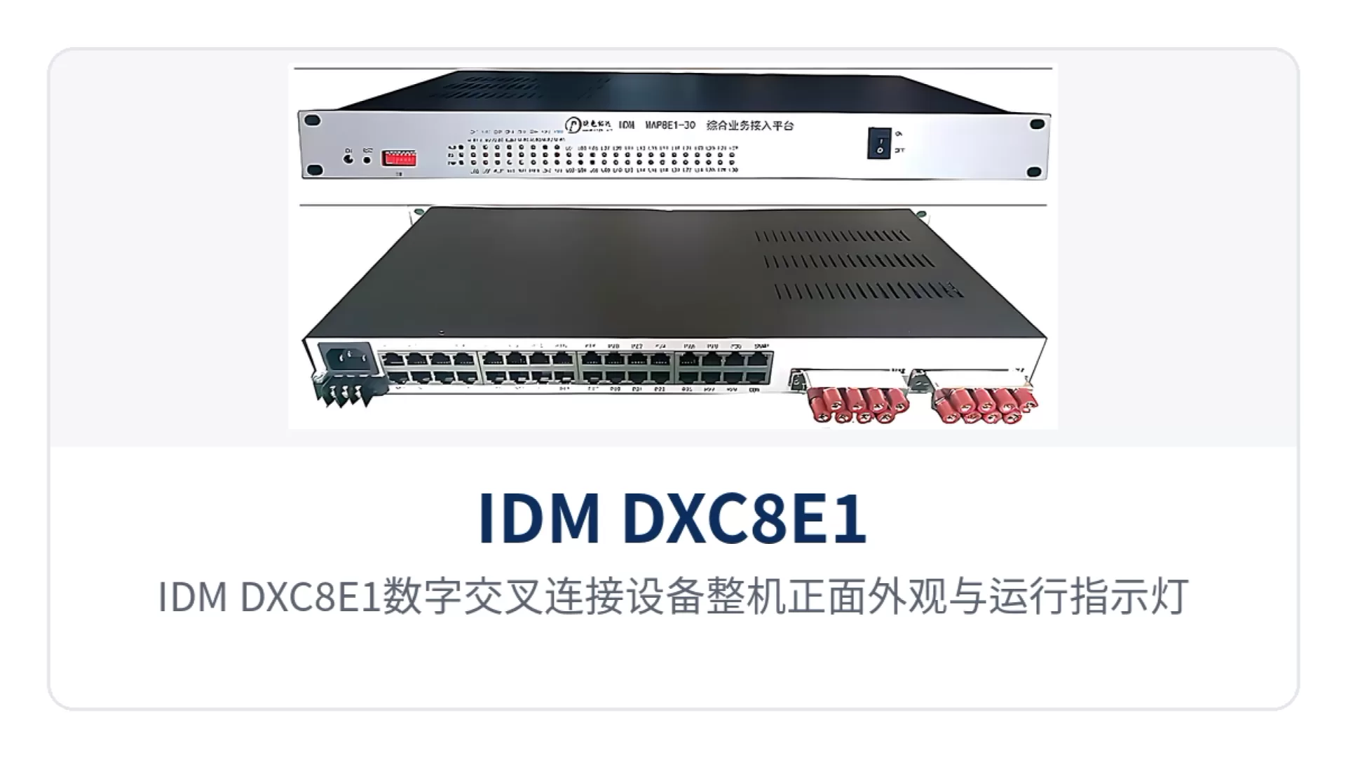 Figure 1: Front view of the IDM DXC8E1 digital cross-connect equipment with operating indicator LEDs