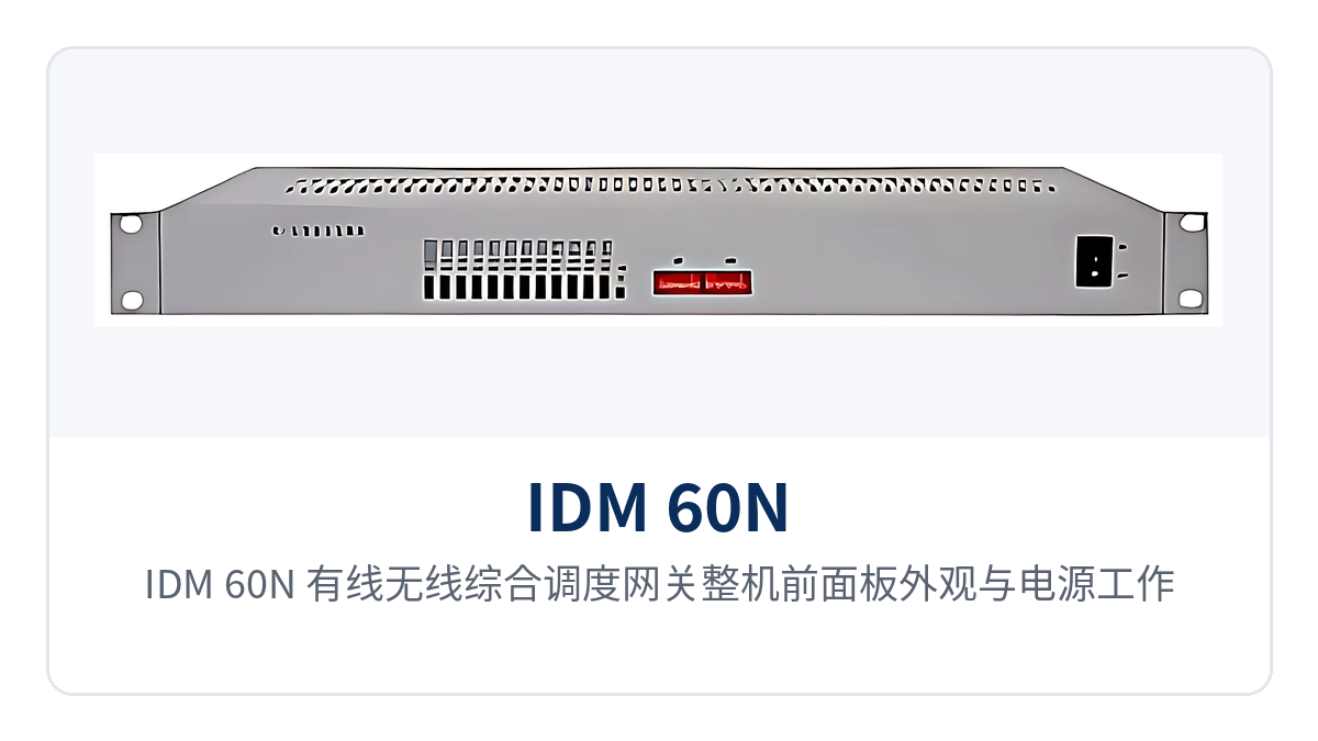 Figure 1: Front panel appearance and power/operating indicator LED layout of the IDM 60N wired and wireless integrated dispatch gateway
