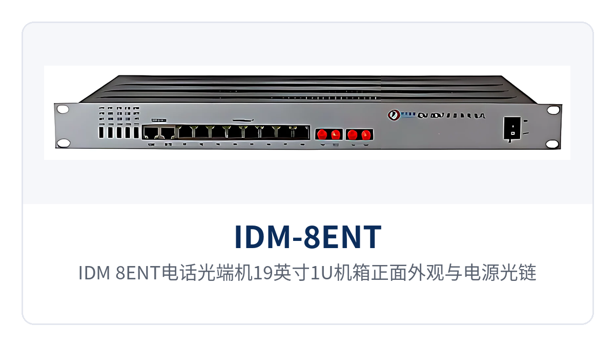 图1:IDM-8ENT电话光端机19英寸1U机箱正面外观与电源光链路指示灯