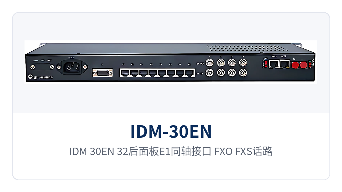 图2:IDM-30EN-32后面板E1同轴接口、FXO/FXS话路卡接口、以太网RJ-45与电源端子接线示意