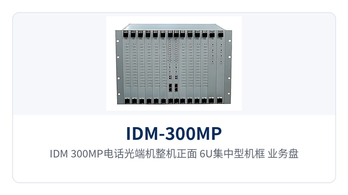 Figure 1: Front view of the IDM-300MP telephone optical multiplexer — close-up of the 6U centralized chassis, service card slots and optical link alarm indicator LEDs