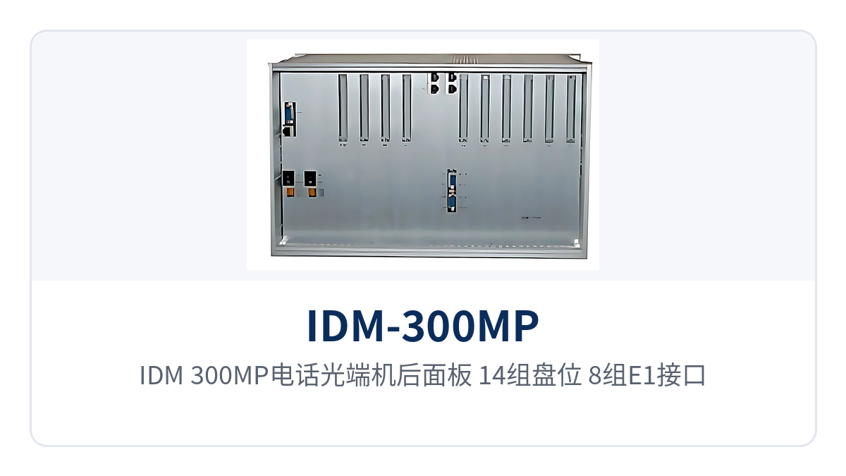 Figure 2: Rear panel of the IDM-300MP telephone optical multiplexer — layout of 14 slots, 8 E1 interfaces, 2 RJ-45 Ethernet ports and power supply terminals