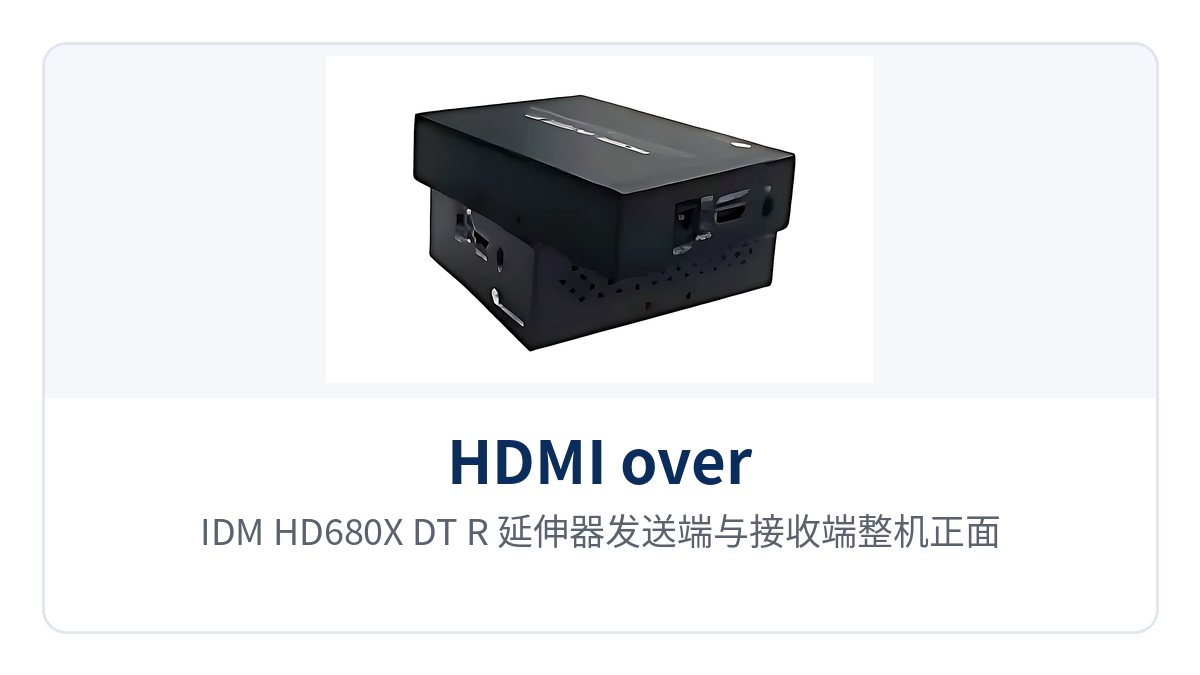 Figure 1: Front appearance of the IDM-HD680X-DT/R extender transmitter and receiver units, with a close-up of the power and link indicator LEDs