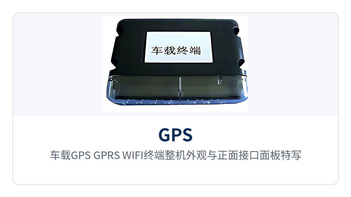 图1:车载GPS/GPRS/WIFI终端整机外观与正面接口面板特写