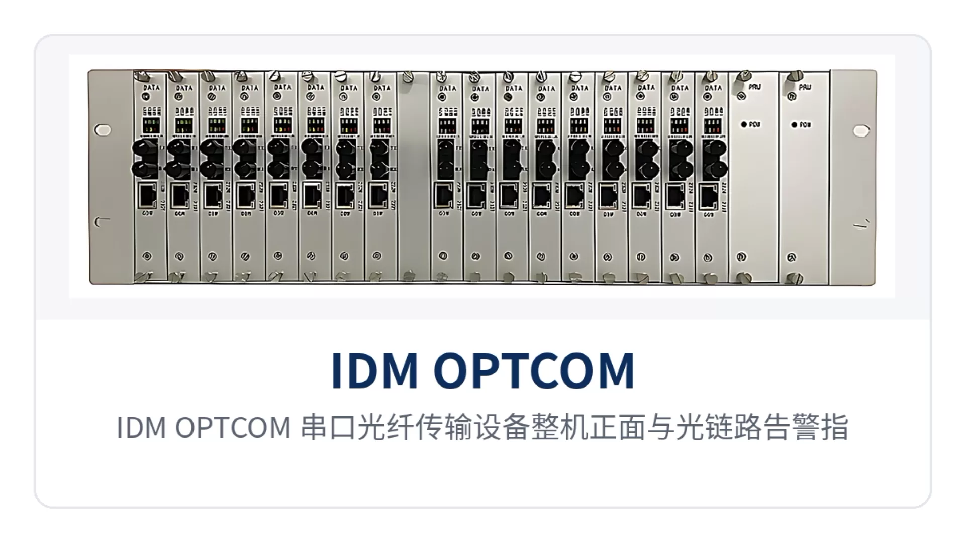 Figure 1: Front view of the IDM OPTCOM serial port fiber optic transmission device and optical link alarm indicator LEDs