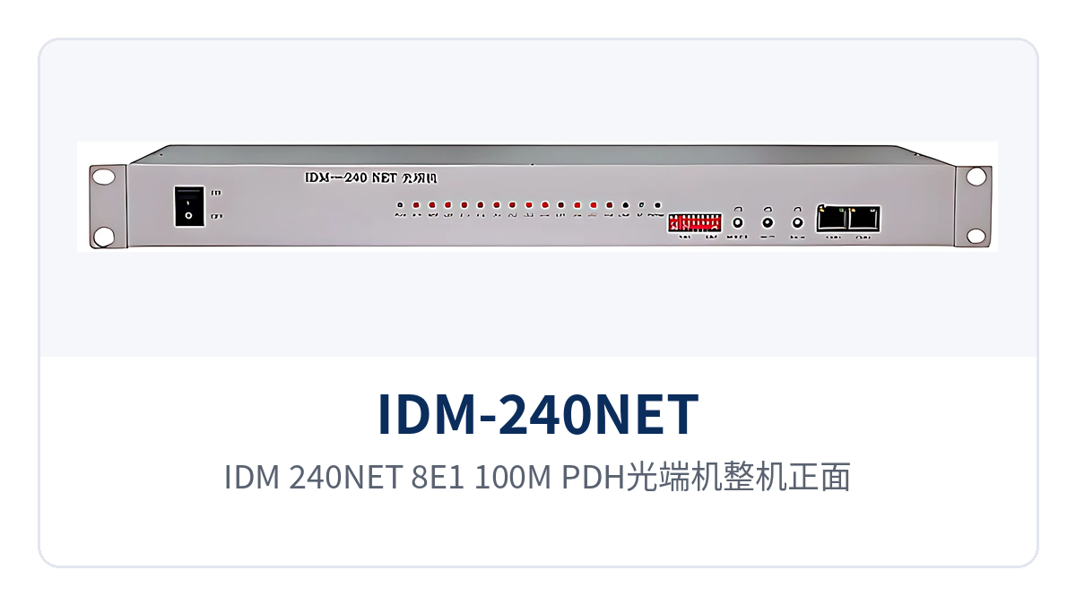 Figure 1: Front appearance of the IDM-240NET 8E1+100M PDH optical multiplexer, single-board enclosure and panel operation and alarm indicator LEDs