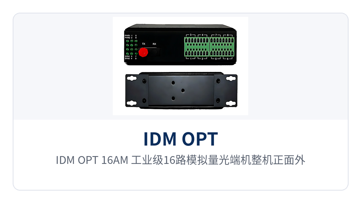 图1:IDM OPT-16AM 工业级16路模拟量光端机整机正面外观与电源光链路指示灯