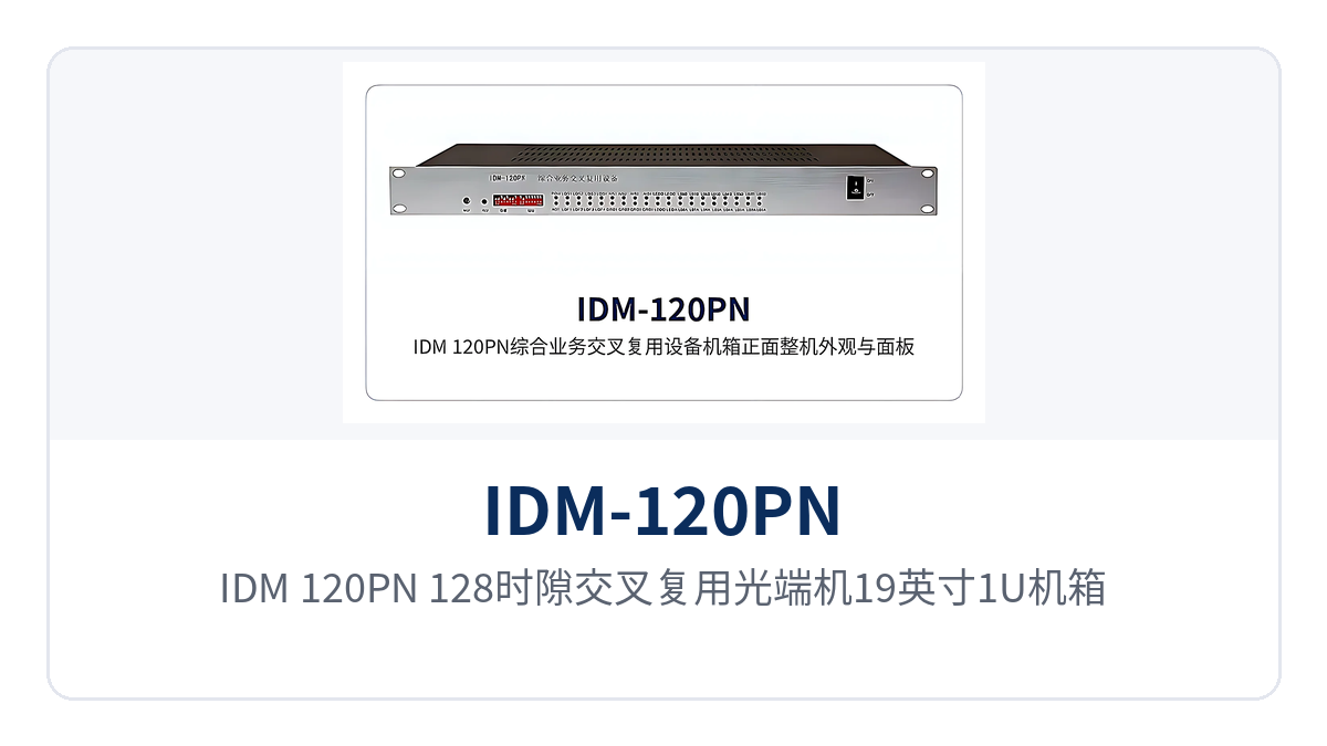 图1:IDM-120PN 128时隙交叉复用光端机19英寸1U机箱正面外观与面板告警指示灯